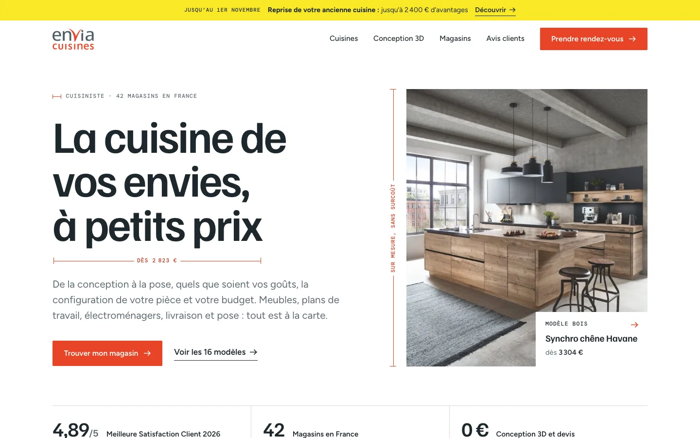 Capture d’écran de la page d’accueil du site Envia Cuisines